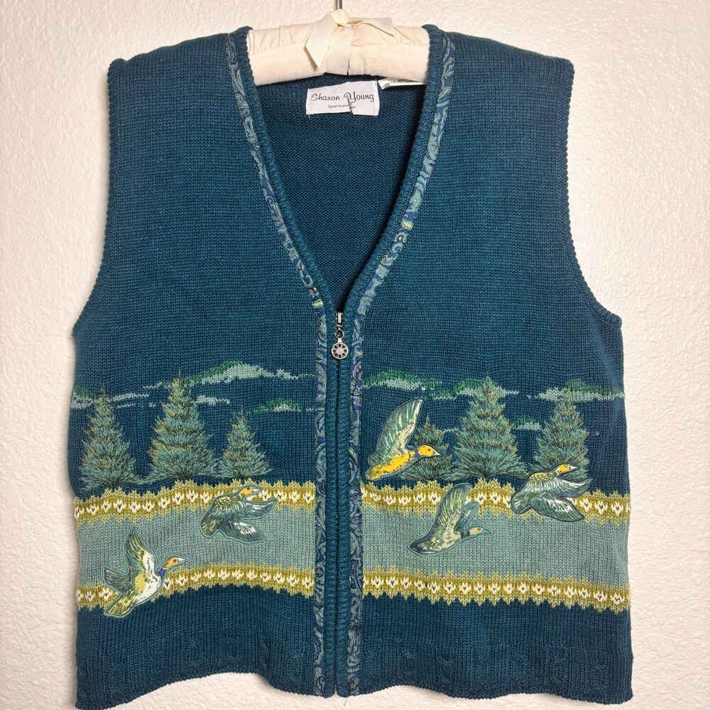 Rare Sample Vtg Flying Ducks Knit Sweater Vest M Teal Loop Zip Gorpcore 1990s